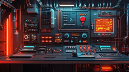 A futuristic control panel displays complex illuminated electronics instruments