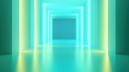 Aufkleber - Abstract Neon Corridor with Glowing Blue and Green Lights