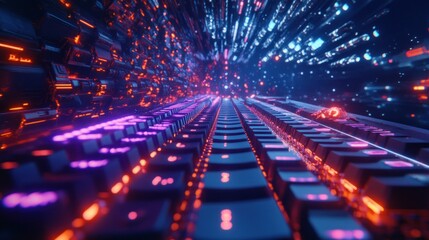 A futuristic keyboard with colorful lights and digital effects