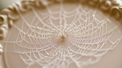 A delicate spiderweb in the morning dew glistens with water drops, a silken trap in nature's macro