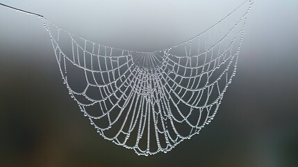 Morning dew drops cling to the intricate spider web, a wet and delicate trap glistening in the early light of nature's morning