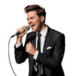 © vector - Elegant singer in black suit performing on stage with microphone man show on transparent background
