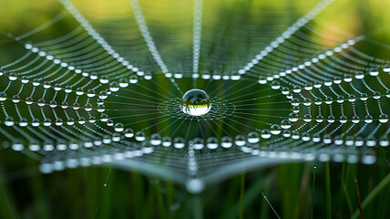 Dewy Spider Web in Morning Light on Green Grass