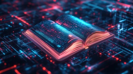 Futuristic book illustration, digital age, data flowing on book pages with neon light