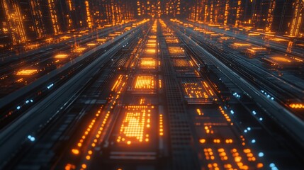 Abstract digital technology backdrop with glowing circuits and intricate network lines