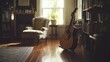 © embun - An acoustic guitar stands in a sunlit living room space