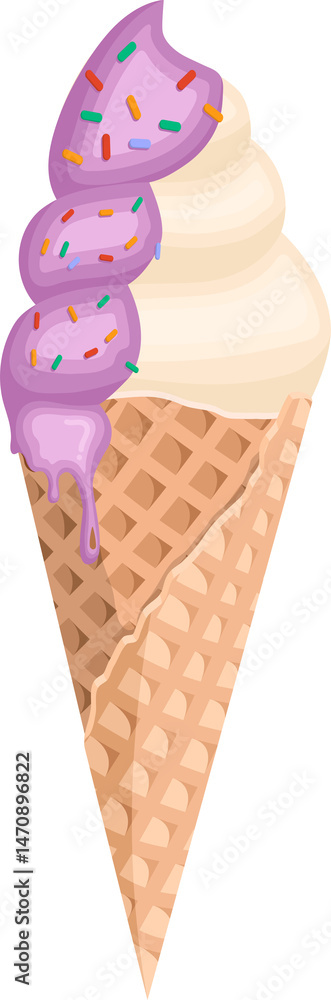 Vanilla soft serve ice cream in a waffle cone with sprinkles and purple ...