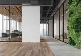Poster - Modern open-plan office interior with white wall mockup, wooden flooring, and green ceiling under panoramic city windows. Cozy business center workspace with minimalist design concepts for creative pr