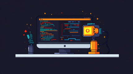 Stylized illustration of computer monitor with coding and digital elements