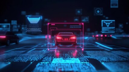 Wall Mural - futuristic car technology with digital interface and neon lights in urban environment at night 4k vi