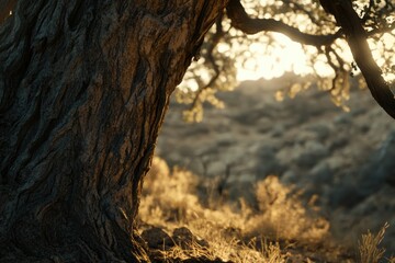Sunlit tree trunk, textured bark, warm light, blurred background of dry landscape.
