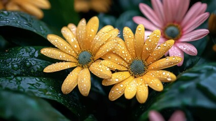 Wall Mural - Close-up of vibrant yellow and pink flowers with raindrops on green leaves, showcasing natural beauty and freshness.