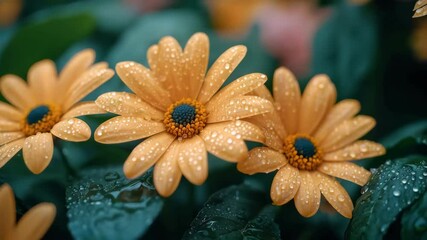 Wall Mural - Close-up of bright yellow flowers with droplets on petals, surrounded by lush green leaves.