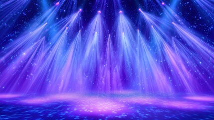 Fototapete - 3D rendered purple and blue stage light beams glowing on starry night sky background with copy space, dynamic concert or theater party illumination concept. Abstract dark backdrop with dramatic spotli