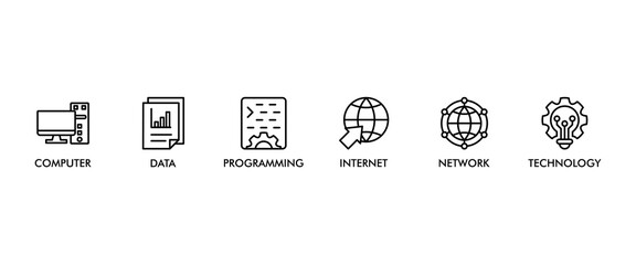 Information technology banner web icon vector illustration concept with icon of computer, data, programming, database, internet, network, and technology