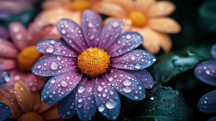 Wall Mural - Close-up of colorful flowers with water droplets, showcasing vibrant petals and delicate details.