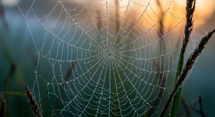 Delicate spiderweb glistening with dew drops at sunrise.