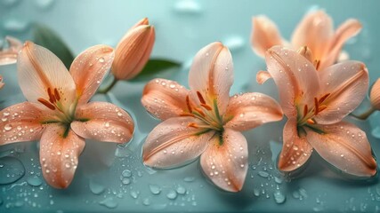 Wall Mural - Three beautiful pink lilies with droplets on petals, resting on a soft blue background.
