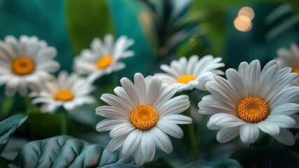Wall Mural - A close-up view of white daisies with vibrant yellow centers surrounded by lush green foliage.