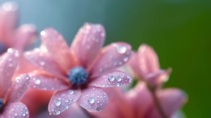 Wall Mural - Close-up of pink flowers with water droplets on petals, showcasing vibrant colors and a soft background blur.