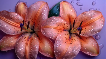 Wall Mural - Close-up of vibrant orange lilies with water droplets on a purple background.