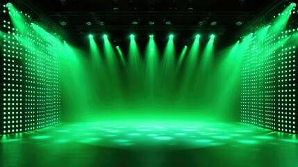 Aufkleber - Large-scale empty stage with green LED light wall background and symmetrical green spotlights shining from top in photorealistic quality. Hyper-realistic high-resolution studio setup with deep black t
