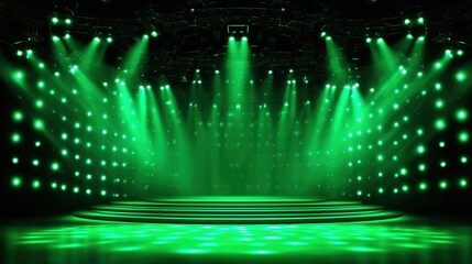 Aufkleber - Large-scale empty stage with green LED light wall background and symmetrical green spotlights shining from top in photorealistic quality. Hyper-realistic high-resolution studio setup with deep black t