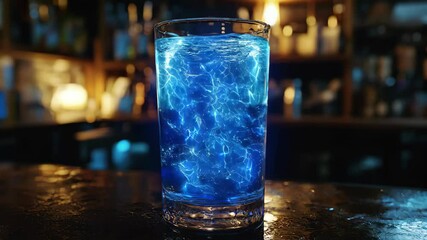 Wall Mural - A glass of sparkling blue liquid with a shimmering surface, set against a softly lit bar background.