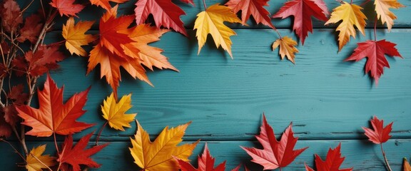 Poster - Colorful autumn maple leaves arranged on wooden surface