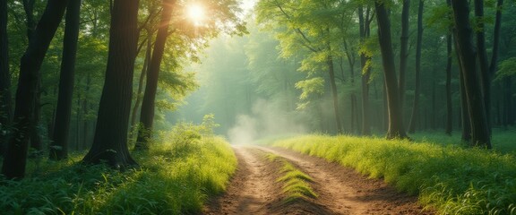 Aufkleber - Serene road through mystical forest with sunlight filtering
