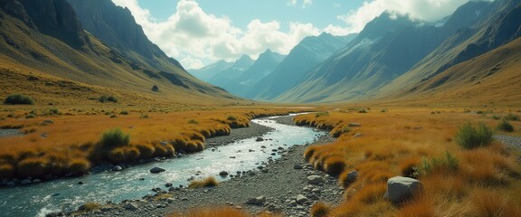 Poster - Serene river flowing through majestic mountain valley