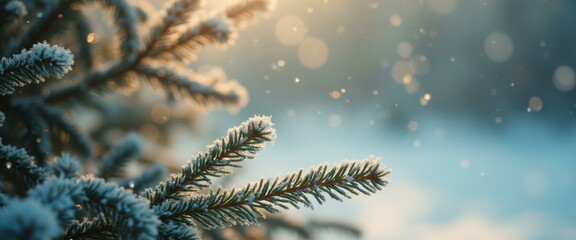 Fototapete - Snow-covered evergreen tree branch in serene winter forest
