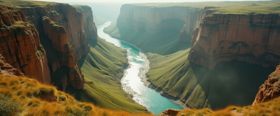 Poster - Majestic river flowing through serene canyon in mountainous region