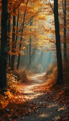 Poster - Serene autumn path through forest with colorful leaves