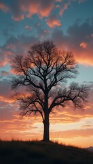 Poster - Silhouette of a tree on grassy hill during sunset
