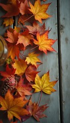 Poster - Colorful autumn maple leaves on rustic wooden surface