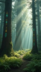 Aufkleber - Three mystical trees with glowing symbols on forest path