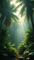Aufkleber - Sunbeams illuminating palm trees in tropical rainforest