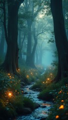 Poster - Magical forest stream glowing with fireflies at night