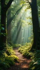 Aufkleber - Sunbeams illuminating a serene forest path surrounded by trees