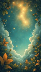Poster - Magical night sky with glowing stars and clouds over leaves