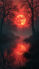 Poster - Large red moon over bare trees and river at nighttime