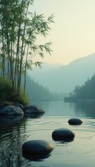 Poster - Three dark rocks floating in tranquil lake with bamboo plants