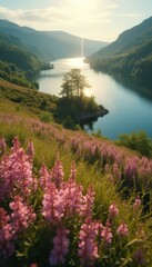 Poster - Serene sunrise over tranquil lake surrounded by mountains and trees
