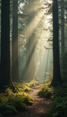 Aufkleber - Sunbeams filtering through trees along a peaceful forest path