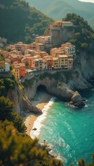 Poster - Coastal village buildings on cliffside by serene beach