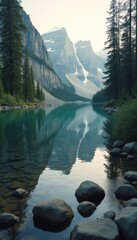 Poster - Serene mountain lake surrounded by trees and rocks in daytime