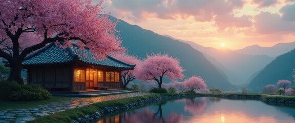 Poster - Japanese-style house surrounded by blooming cherry blossoms at sunset