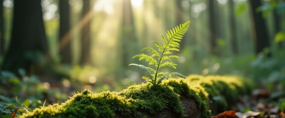 Aufkleber - Growing fern and moss in serene forest during daytime
