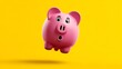 © Biggy - Pink piggy bank, surprised expression, floating on yellow background